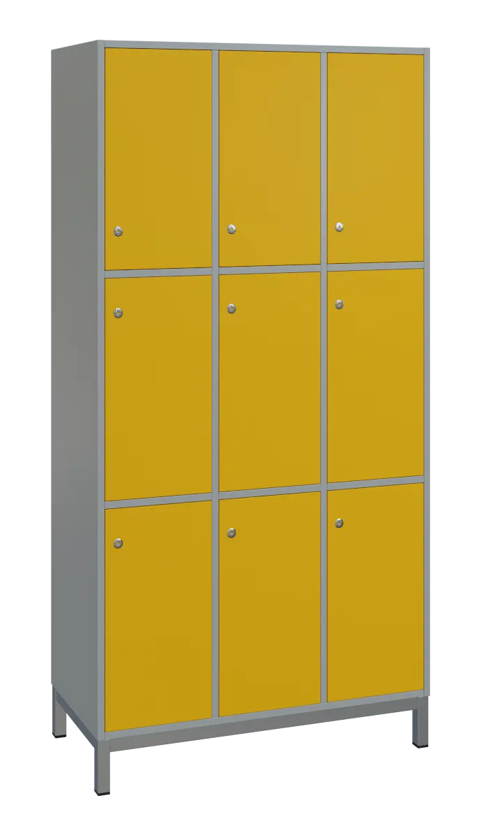 SBS-3333 šatní skříň 9-boxová, 1800x900x400 mm, kovové nohy, korpus šedý, dvířka žlutá odio